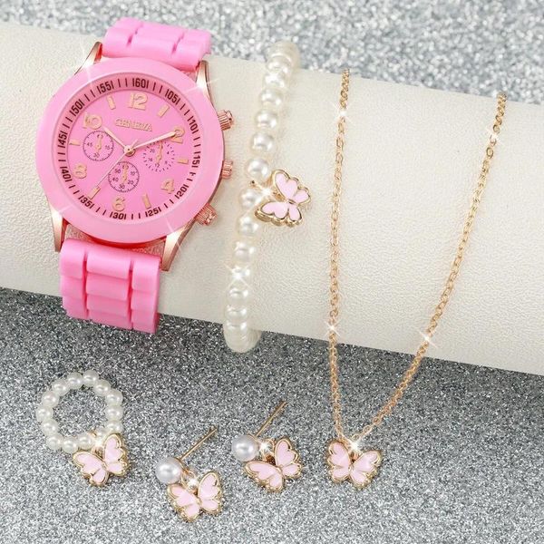 Relógios de pulso 5pcs/set Women's Weln's Watch Casual Round Pointer Quartz Butterfly Jewelry Set Gift para Mom Her Her