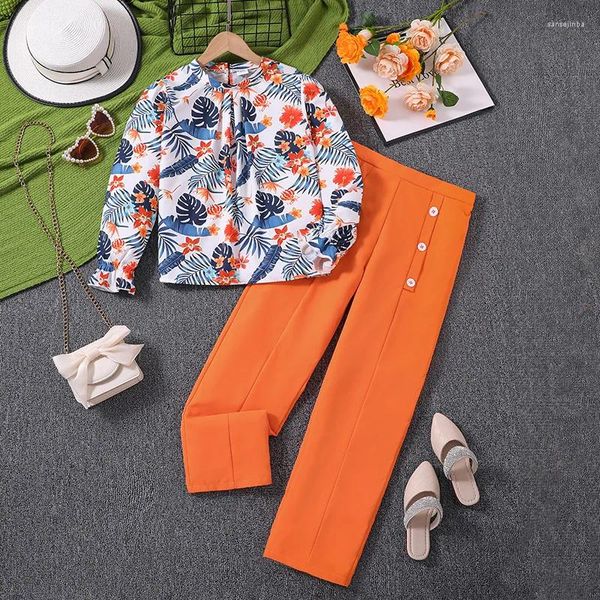 Kleidung Sets Herbst Frühling Blumenmädchen Langarm Shirt Orange Hosen Mode für 8-12ys Kinder Outfit Urlaubsfeier Täglich lässig