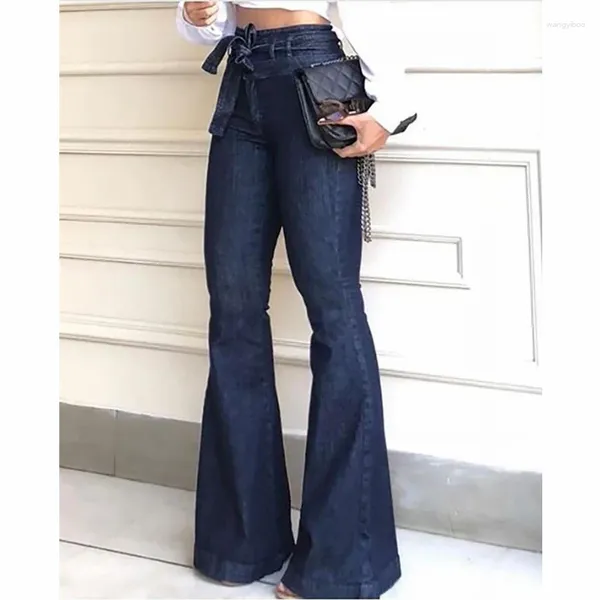 Jeans femininos Cantura alta Bell Bottom Women Feminino Vintage Lace Up Legal perna calça de jeans Streetwear