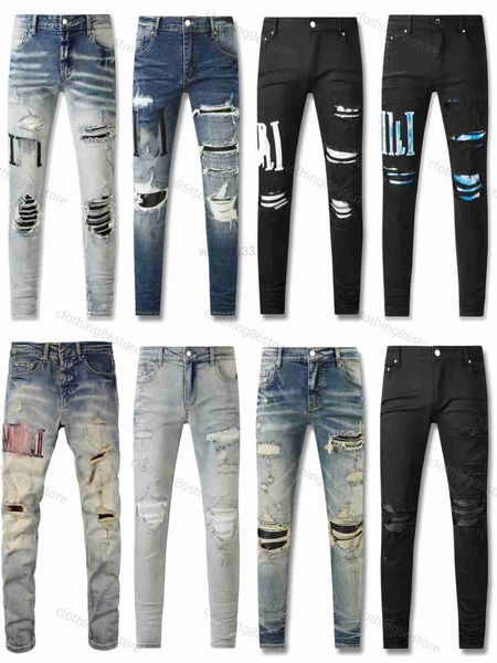 Jeans maschile viola da uomo jeans designer jeans moda angoscia bicchetta di motociclisti in denim da donna per uomini pantaloni neri buchi rotti jeannv6e