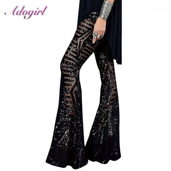 Frauenhose Capris sexy schwarz Silber Pailla Glitzer Weitbein langer Flare High -Taille Party Club Weihnachtshosen Outfit Streetwear Bell Pant1 291m