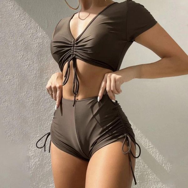 Frauen Badebekleidung hohe Taille Verbandknoten Bikini Sets Badeanzug Frauen Bandeau Zwei Stücke Schnüren Set Summer Hawaiian Push Biquini Anzug