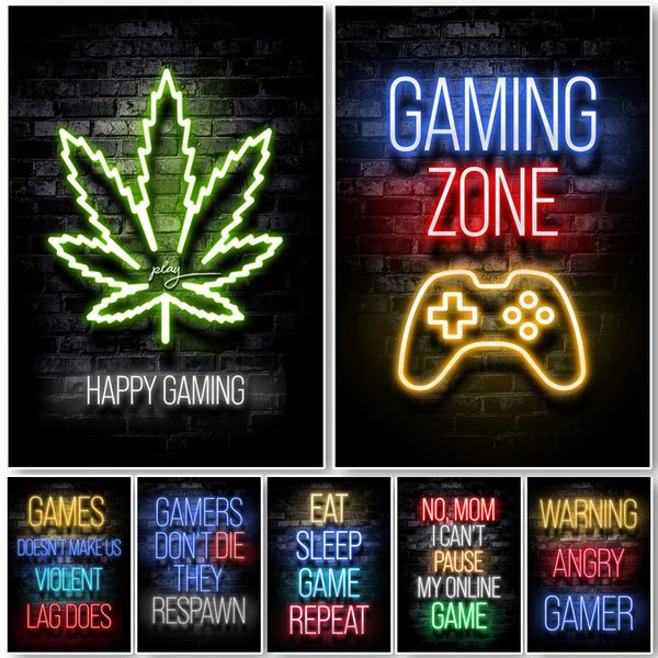 NEON Gamer Gamer Wall Art Posters Imprime Gamer Canvas Painting Canvas Picture for Kids Boy Boy Room Decorativo Salão Cuadros