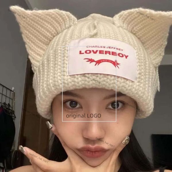 Beanie/Kafatası Kapakları Kedi Örgü Çift Katmanlı Sıcak Lover Boy Domuz Kulak Yünlü Sevimli Moda Kapşonlu Kapak Niş Kadın Kişilik Kış Şapkası