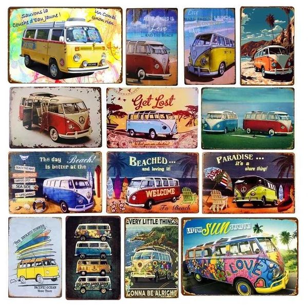 Metall Malerei Friedensbus Strand surfen Cartoon Wandschilder Vintage Kunst Metallplatte Dekor Zinnschild Garagenwand Wand Plaques Dekor Tinplate Poster T240505