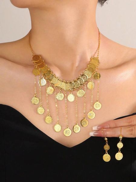 Halskettenohrringe Set Luck 3pcs einzigartiger Stil Kupferplattierte Gold Quaste mit altem Münzdesign übertriebener Schmuck für Frauen