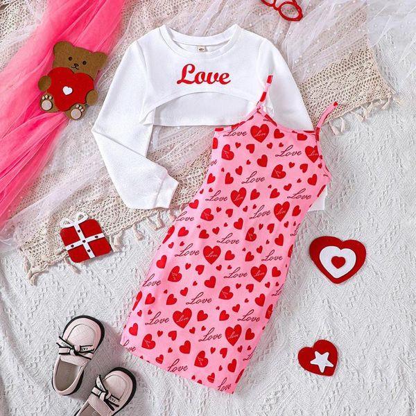 Giyim Setleri 2024 Set Kızlar Uzun Kollu O Boyun Mektubu T-Shirt Baskı Kalp Pembe Elbise 2 PCS Rahat Kıyafetler 18m-7t