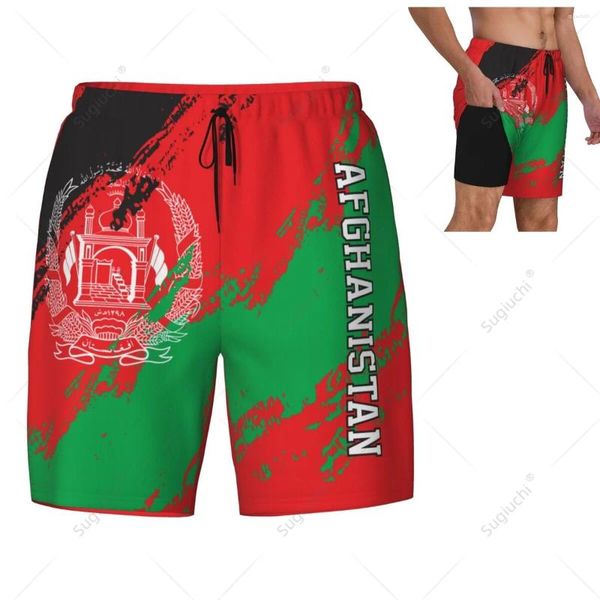 Menina de banho masculina Afeganistão Bandeira 3d Masculina Praia de praia Surf short Sworts Trunks Liner 2 em 1 seca rápida