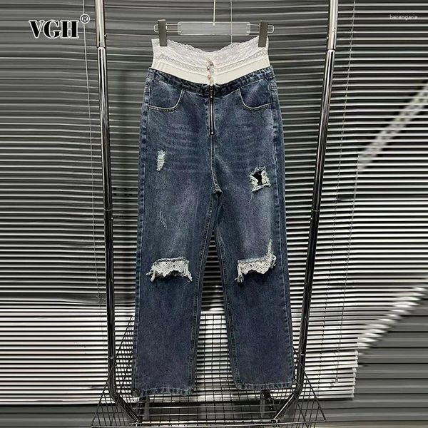 Frauen Jeans vgh solide hohl -out Patchwork -Spitze für Frauen hohe Taille Spleißknopf lässig Weitbein Hosen weiblicher Modestil