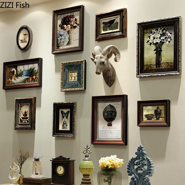 9-21/set American Retro Home Wall Deer Hanging Head Art Painting Po Solid Wood Frame Ornament Decoration 240423