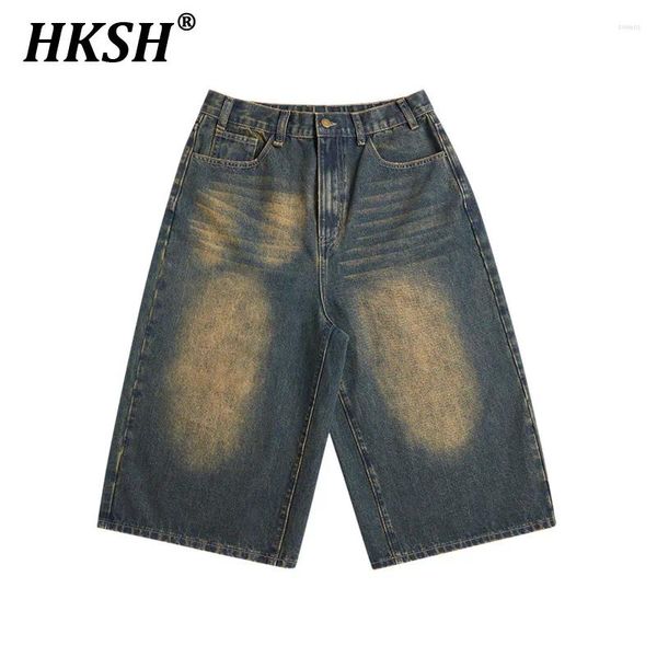 Erkekler Kot Hksh Bahar Yaz Yüksek Sokak Tide Sarı Çamur Denim Geniş Bacak Kapris Moda Vintage Amerikan Şık Şortları HK1109