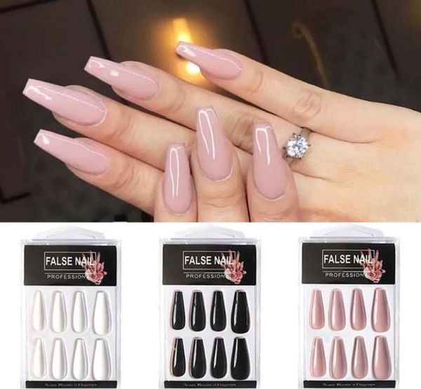 20psbox Long French False Nails Solid Color Ballet Tip