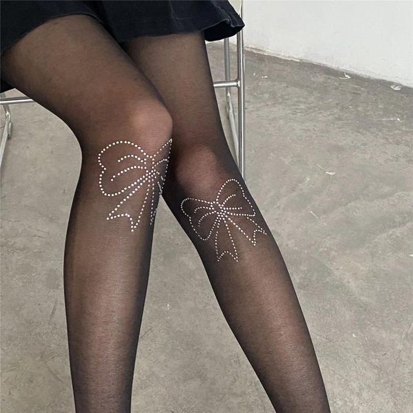 Frauen Socken Diamant Bogenstrümpfe sexy y2k Oberschenkel High jk lolita Mädchen Kawaii Strassstein Fischnetz Unterwäsche Strumpfhosen Sommer dünn