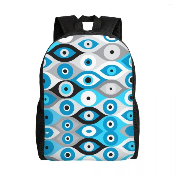 Backpack Greek Evil Eye Pattern Blues and Greys for Men Women Waterproof College College School Nazar Amulet Boho Bag Print Bookbag