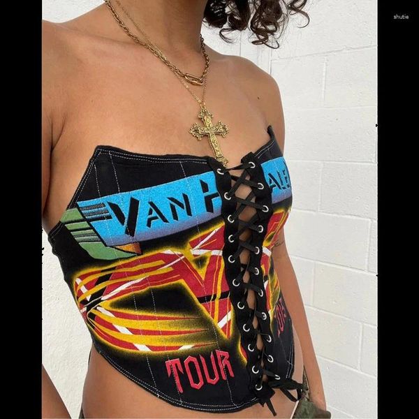 Tanques femininos GTPDPLLT Street Style Graphic Cropped top Top Top Sexy Summer Roupos para mulheres Bandagem Corset Bustier Club Wear Y2K Clothing