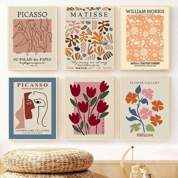 Apers Matisse Poster Coral Leaf Picasso Dancers Line Face Canvas Painting Flower Market William Morris Wall Art Picture Decor J240505