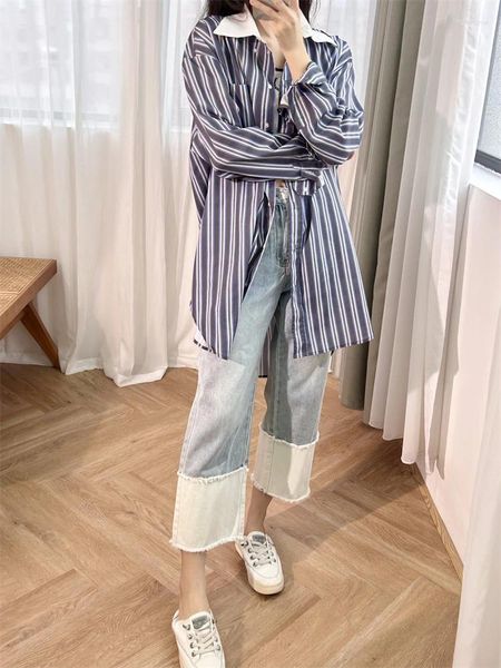 Blouses femininas Viando e estilo de lazer # S Home-2024 Spring French Stripe Lapel solto azul de camisa de manga longa longa