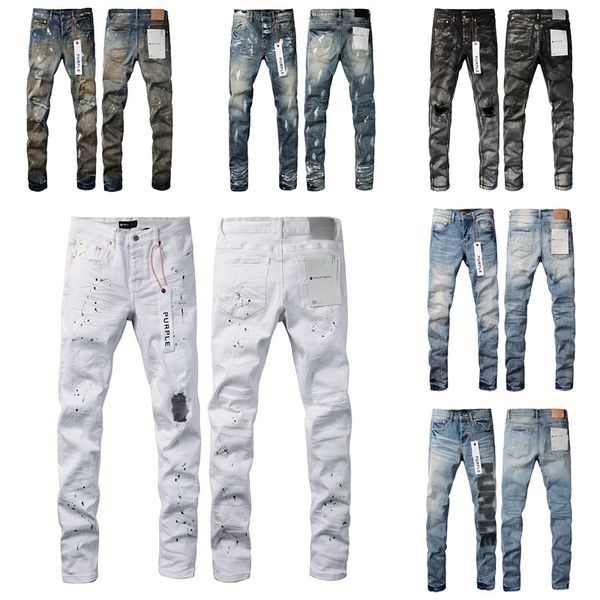 Lila Jeans Designer Männer Jeans Hosen RIP Slim Fit mit knochenschwarzem Biker Denim Stretch Motorrad Trendy Knieloch Lange gerade Hip Hop Rock Herren Designer Jeans