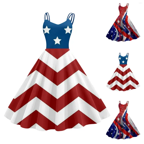 Lässige Kleider Sommer Independence Day bedrucktes Kleid Vintage Falten eine Linie Schwung Ärmel und Retro formelle Maxi für Frauen