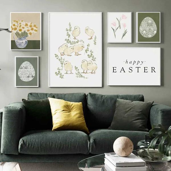 Wallpaper Ostern Spring Neutral April Kaninchen -Eierblumwand Kunst Nordische Plakate Leinwand Malerei und Druckfarmhausdekoration J240505