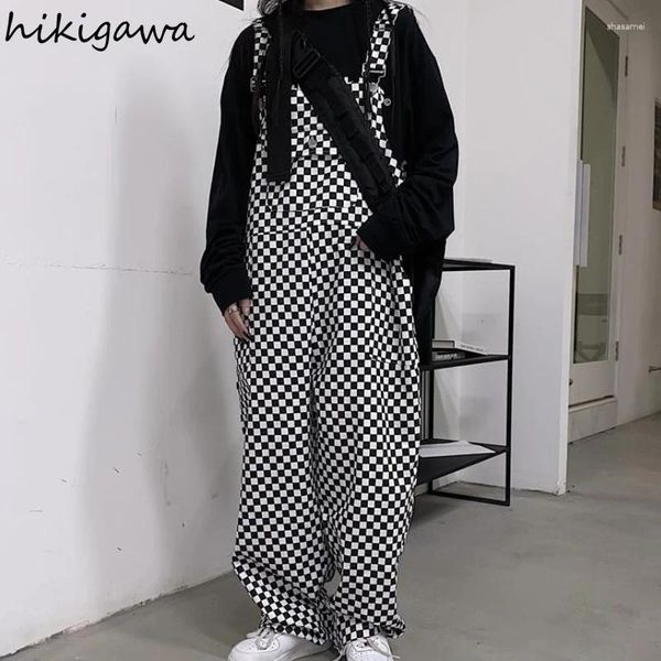 Calça feminina streetwear pantalones de mujer moda macacão casual harajuku perna larga para mulheres xadrez y2k de fundo
