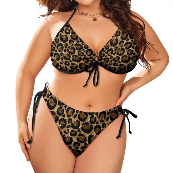 Frauen Badebekleidung helles Leopardenmuster Bikini Set sexy trendy Tierbadeanzug Strand Design 2 -teils stilvolles Badeanzug Plus Größe