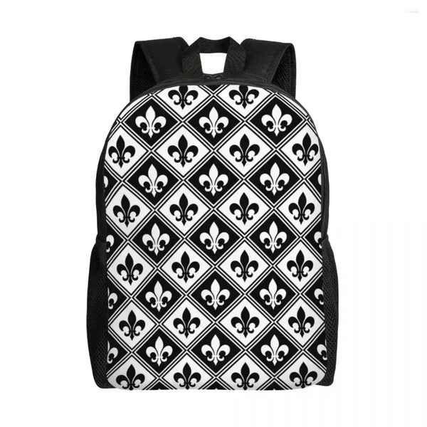 Zaino Black Fleur de Lis e Diamond Pattern Travel School Computer BookBag Fleur-de-Lys Lily Floral College Daypack Borse