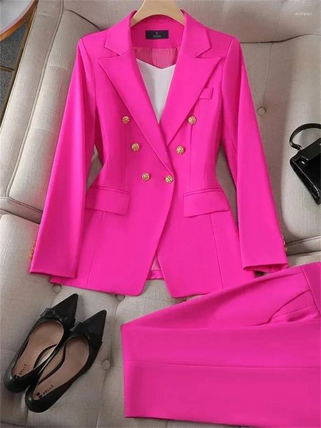 Ternos masculinos Elegantes Mulheres Sólidas de duas peças Conjunto de moda Double Breastted Office Casual Lady Roupfits Formal Basic Chic Sets 2024