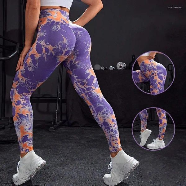 Damen -Leggings Krawattenfarbe Tarn Yoga nahtloser Druck nach oben Bulggings High Elastic Strick Atem atmhe Fitnessstudio -Training laufen Strumpfhosen Hosen laufen