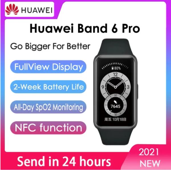 Armbänder Original Huawei Band 6 Pro Smartband Blut Sauerstoff LED -Bildschirm Herzfrecker Schlafüberwachung Thermometer NFC Smart Band