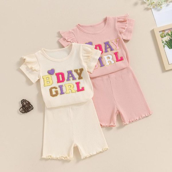 Set di abbigliamento Focus Norm 1-5y Summer Bapple Girls Birthday Birthing Shortful Letter T-shirt da ricamo con orlo di lattuga Shorts