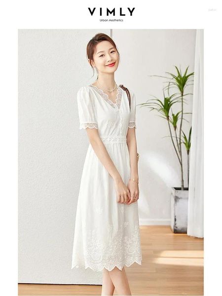 Vestidos de festa Vimly Manga curta Vestido branco Mulheres 2024 Elegante chique de bordado renda em algodão em algodão A MIDI M1196