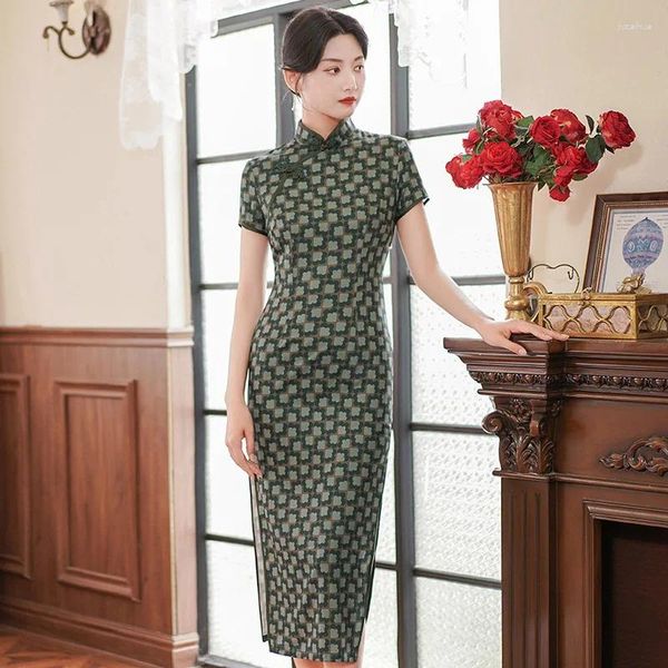 Roupas étnicas 2024 Mulheres Cheongsam Dressam Girl Elegant Plus Size Size Chinese estilo Feminino Vintage Mid Long Qipao Floral Dressos S2491