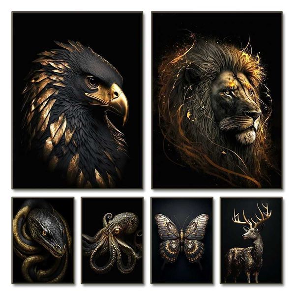 Papéis de parede preto e dourado Lion Lion Canvas Metal Poster Arte da parede Nórdica Deer Tiger Lobo Decoração da sala de estar J240505