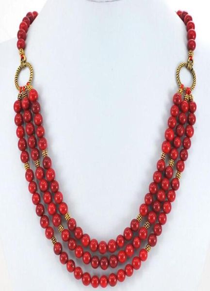 3 fili per perle rotonde di corallo rosso collana a levetta oro 19Quot 7877450