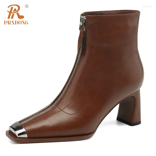 Stivali Scarpe da donna Prxdong 2024 Brand Guida pelle Autunno inverno caldi tacchi alti vestiti marrone nero Lady