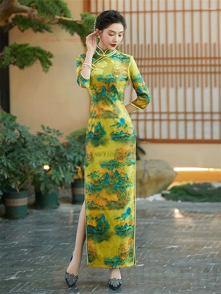 Vestido étnico 2024 Vestido vintage chinês nacional melhorado Cheongsam Flor Oriental Print Qipao Tradicional Banquet Night