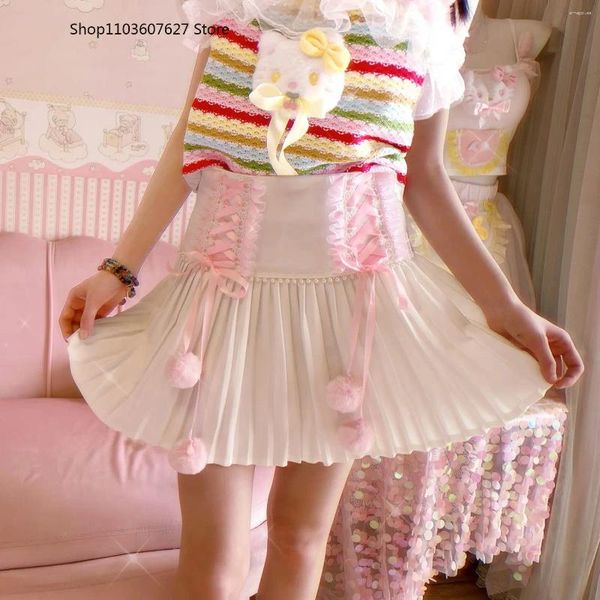 Röcke japanische Preppy Style Lolita Mini Faltenrock Frauen Süße Spitzenband Pearl Short Girls Casual Cute Faldas Mujer Moda