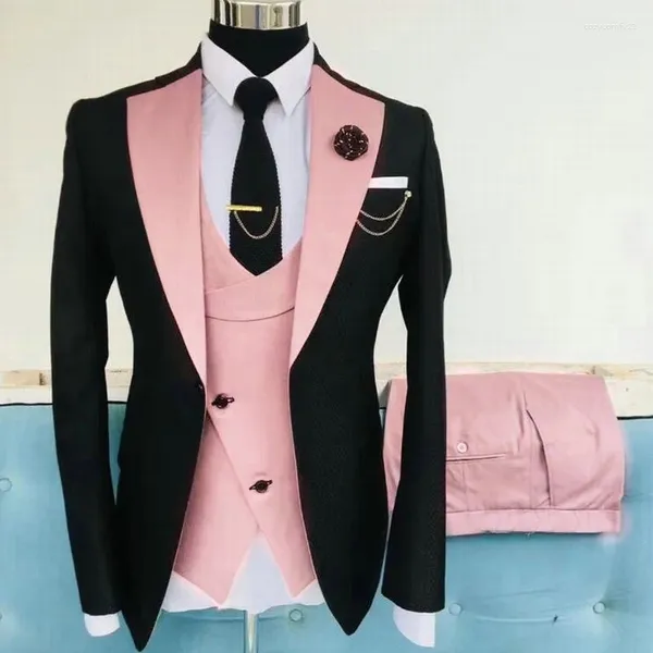 Erkekler Takımlar En son Tasarımlar Pembe Yelek Mens Klasik Düğün Damat Smokin İnce Fit Terno Maskulino Balo Partisi 3pcs Ceket Pantolon