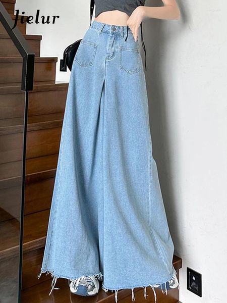 Jeans femminile sciolto a colore puro alto in vita alta semplice femmina femmina blu lavata in cotone in jeans pantaloni gamba ampia vestito streetwear