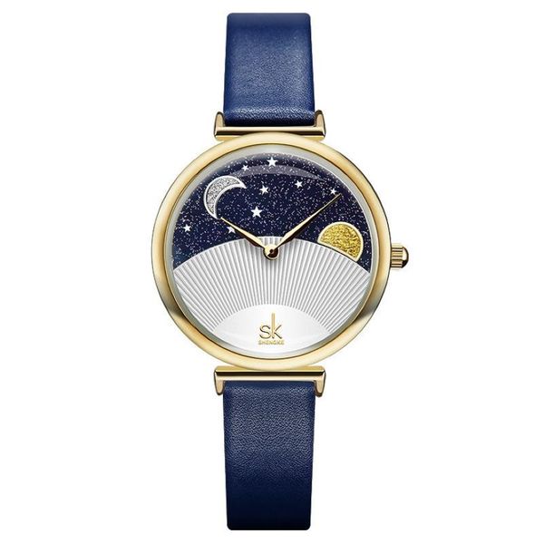 Нарученные часы Anke Store Wamen Watch Design Fashion Starry Sky Stars Moon Simple Cethere ремешок водонепроницаемые Quartz Watches for Women Gifts 232V
