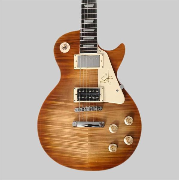 Chegada 1959 Jimmy Página Tigre Flame Maple-top Brown Brown Sun Burst Guitar Guitar Corpo de mogno, hardware cromado