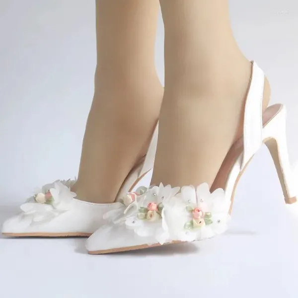Vestido sapatos pontudos casuais solteira doce flor branca sexy casamento mulheres estilinagem baotou saltos altos sandálias florais 2024