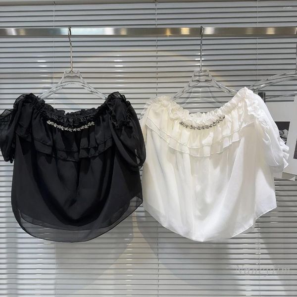 Kadın Bluzları 2024 Yaz Klasik Stil Omuz Dışı Rhinestone Kenar Düz Renk Kısa Şifon Gömlek Tatil Bluz Beyaz Top