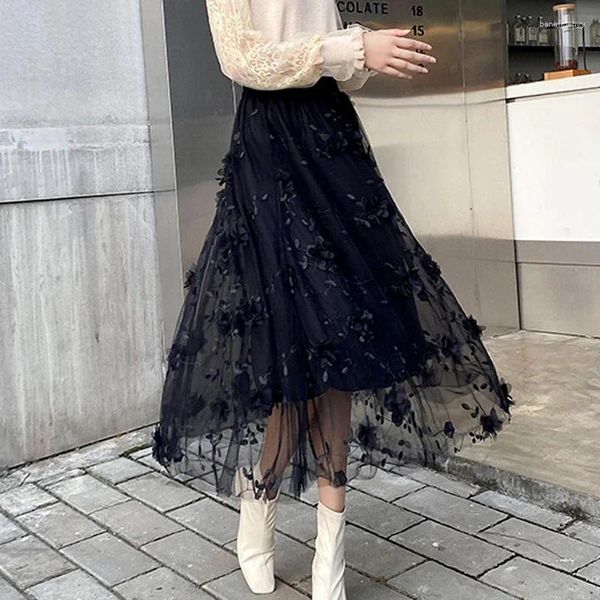 Röcke Moonbiffy Luxusfrau Rock koreanische Mode elastische Taille Stickerei Blumenspitze Mesh Langes Gaze Ballkleid Faldas