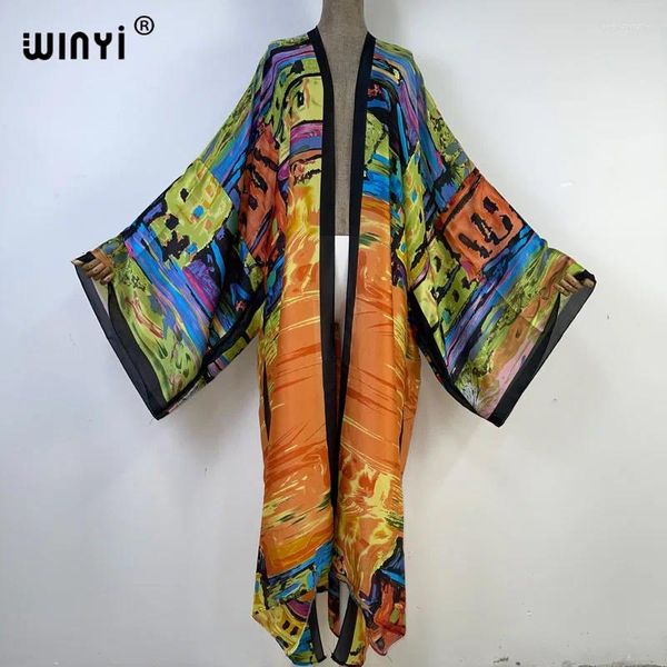 Summer Mulheres graffiti impressão de manga longa Cardigan feminino lixo de praia boho vestido de rua quimono quimono