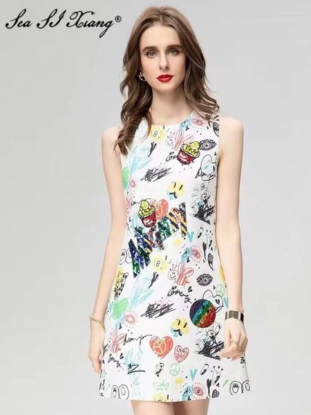 Lässige Kleider Seaxiang Modedesigner Sommerkleid Frauen O-Neck Kurzarm Pailletten handbemalte Graffiti Print High Street Weste