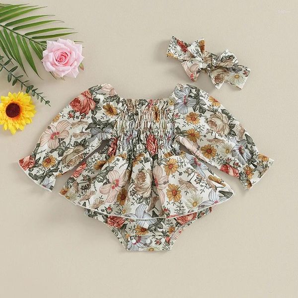 Romances 0-24 meses nascidos Menina Bodysuit Longo Manga longa ombro impressão de flores Meninas A-line Vestido com fita de cabeça