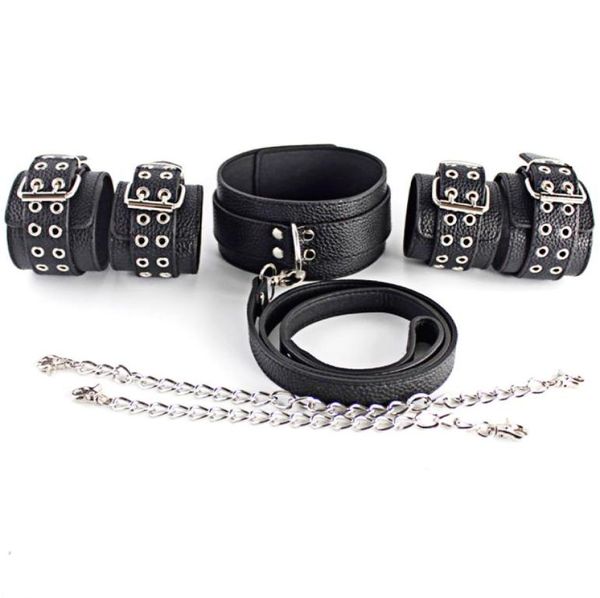 Restringe in pelle manette manette collare da schiavo con catena con catena di metallo giocattolo sessuale BDSM per giochi per adulti Stume da bondage 5857705