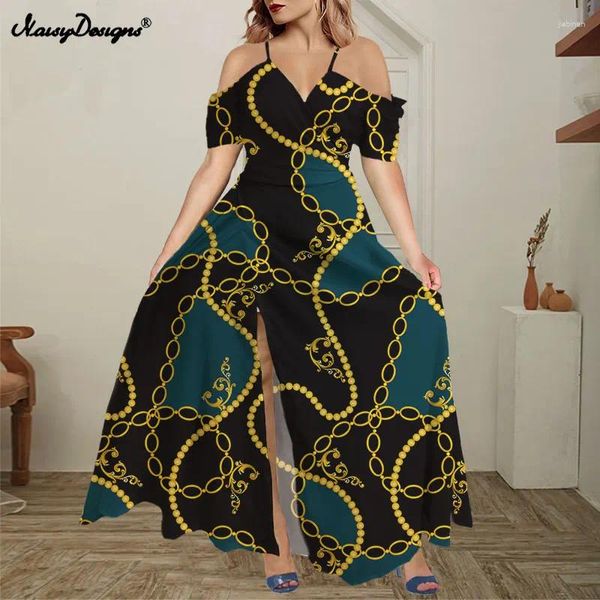 Vestidos de festa Noisydesigns Black Split Dress Split Dress Filmy Feminino Sexy Off ombre babados de luxo Floral Pattern Senhoras boho maxi vestidos